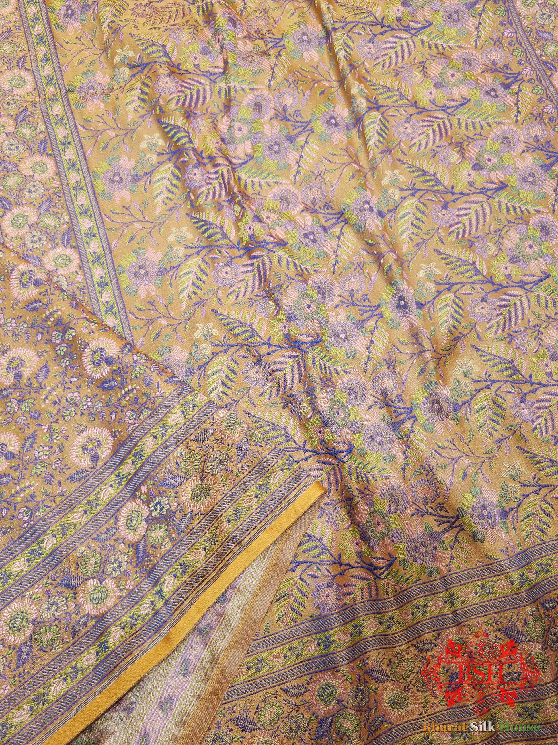 Mustard Yellow Chauthera (Four Color) Resham Zari Tanchoi Katan Silk Saree - Bharat Silk House