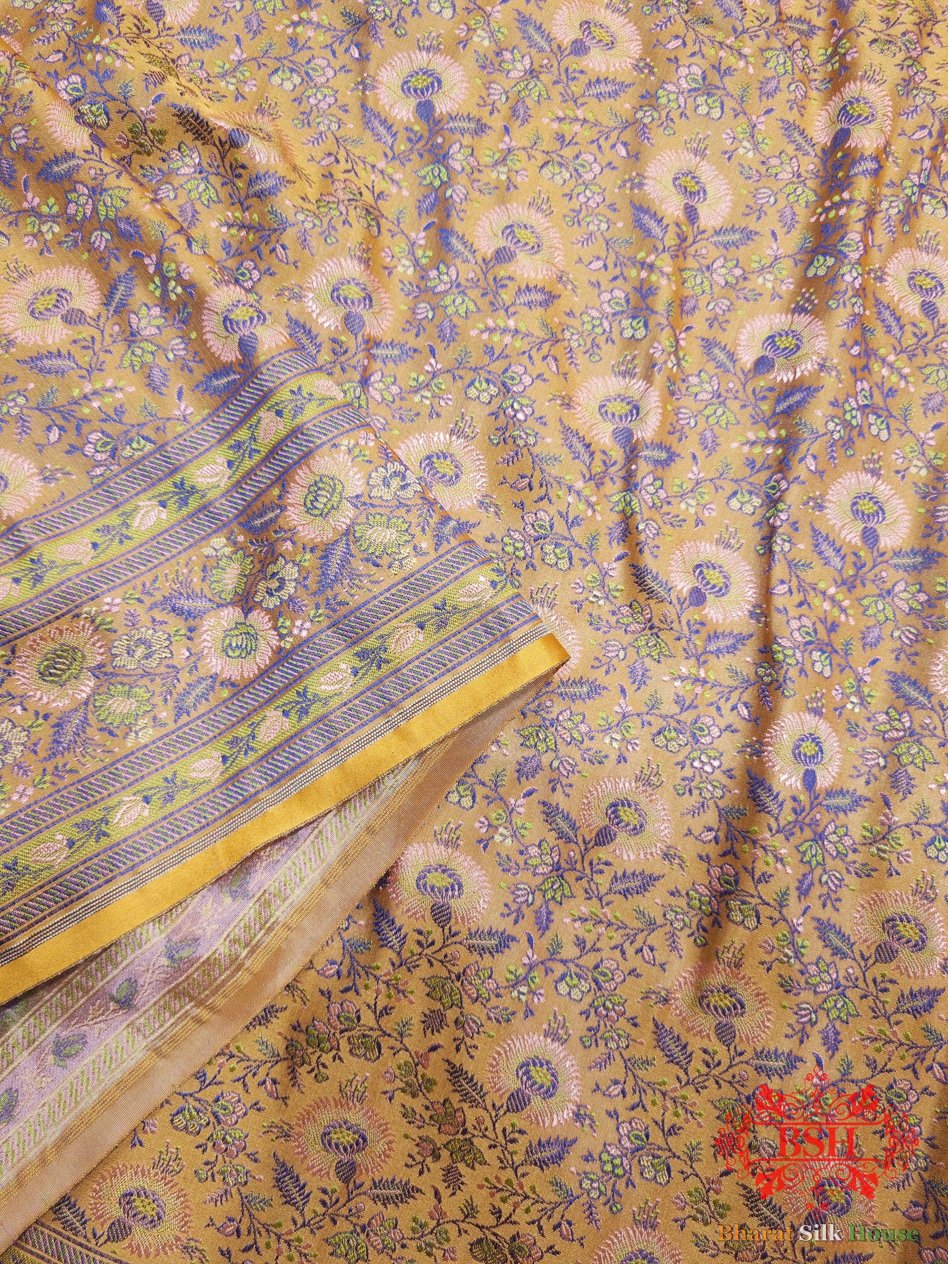 Mustard Yellow Chauthera (Four Color) Resham Zari Tanchoi Katan Silk Saree - Bharat Silk House