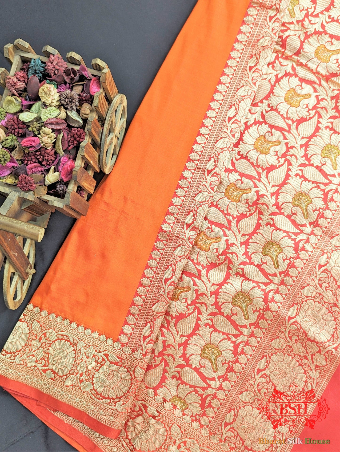 Neon Orange Katan Silk Banarasi Handloom Saree - Bharat Silk House