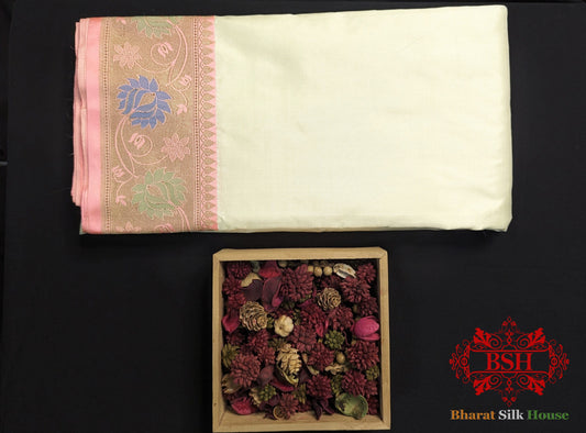 Off White Pure Katan Silk Banarasi Handloom Saree - Bharat Silk House