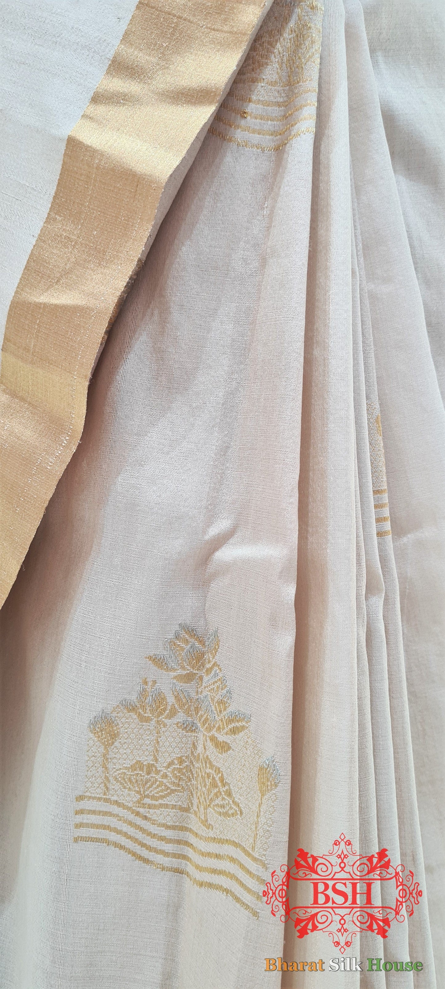 Off White Pure Tussar Moonga Silk Handloom Saree With Zari Border - Bharat Silk House