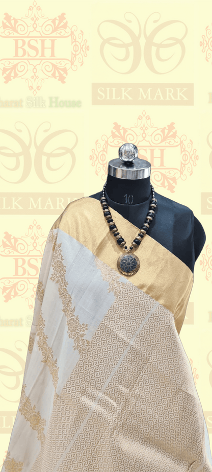 Off White Tussar Moonga Silk Handloom Saree With Zari Border - Bharat Silk House