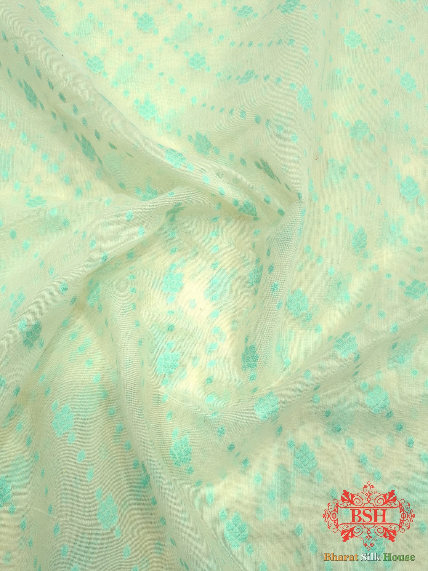 Off White/C Green Woven Banarasi Cotton Saree - Bharat Silk House