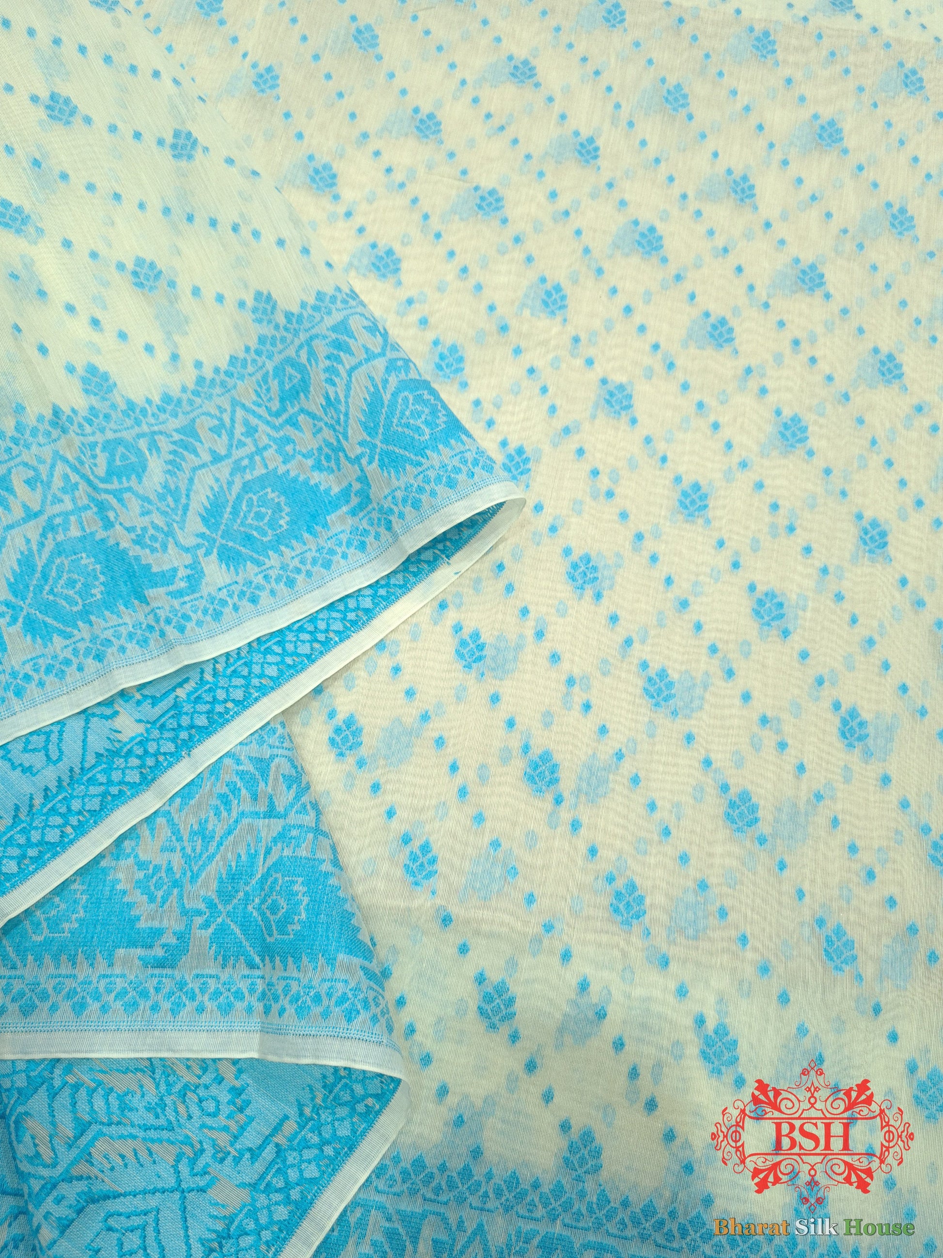 Off White/Firozi Woven Banarasi Cotton Saree - Bharat Silk House