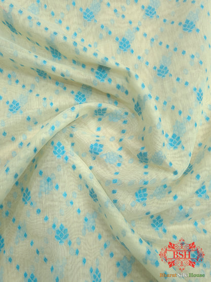 Off White/Firozi Woven Banarasi Cotton Saree - Bharat Silk House