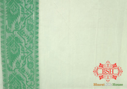 Off White/Green Woven Banarasi Cotton Saree - Bharat Silk House