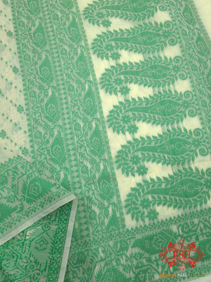 Off White/Green Woven Banarasi Cotton Saree - Bharat Silk House