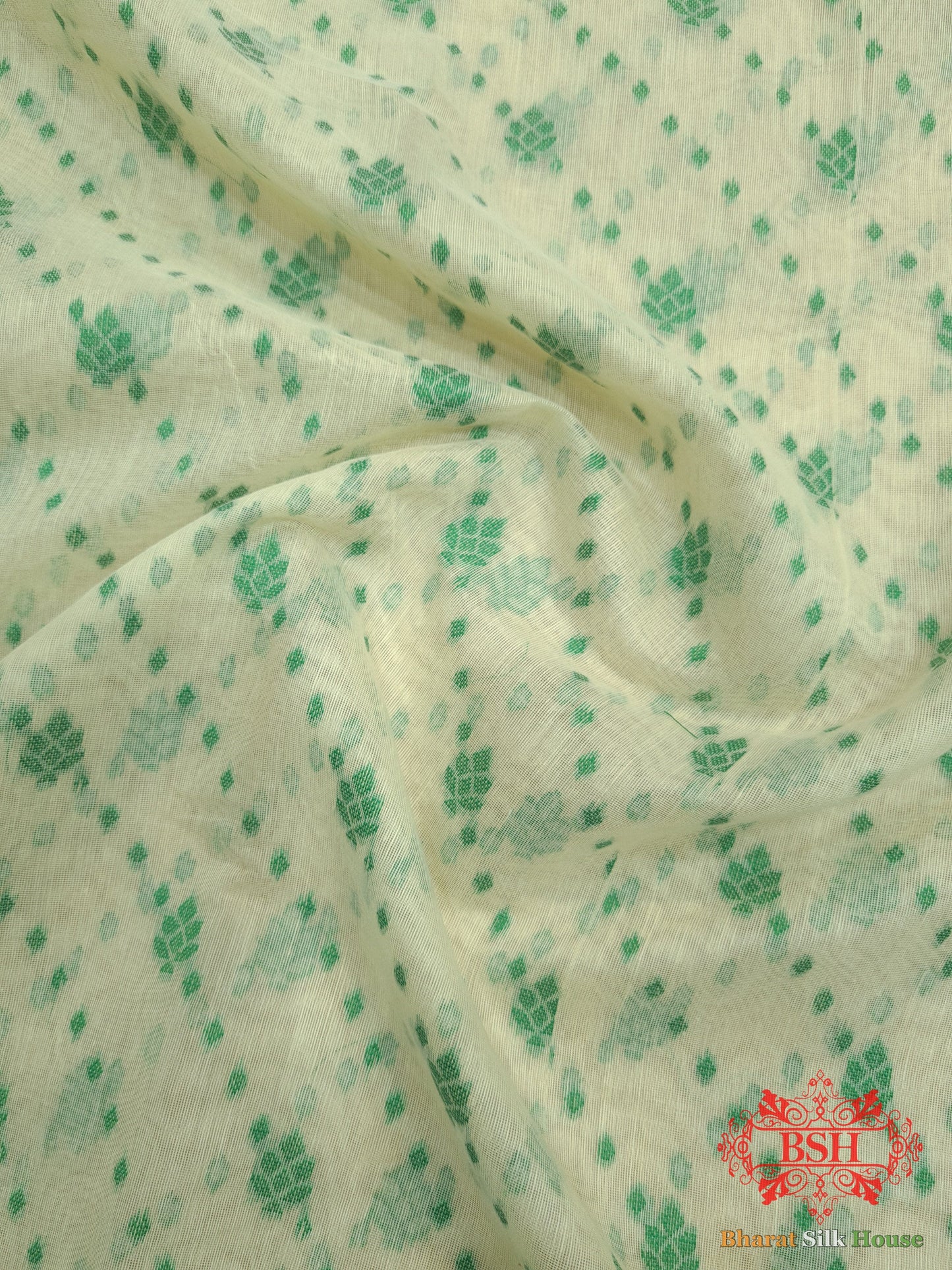 Off White/Green Woven Banarasi Cotton Saree - Bharat Silk House