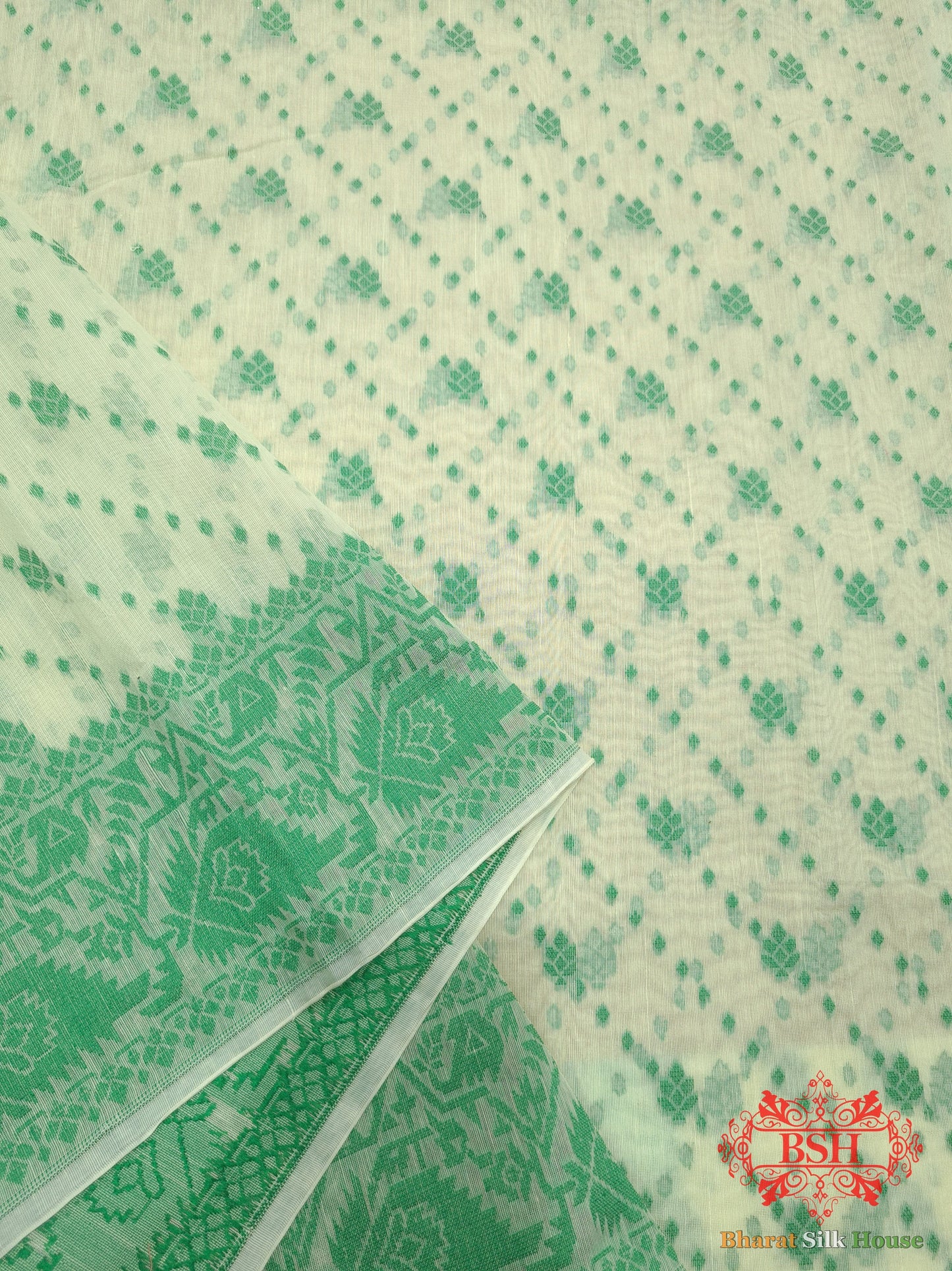 Off White/Green Woven Banarasi Cotton Saree - Bharat Silk House