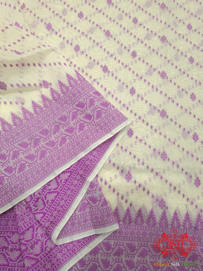 Off White/Magenta Woven Banarasi Cotton Saree - Bharat Silk House