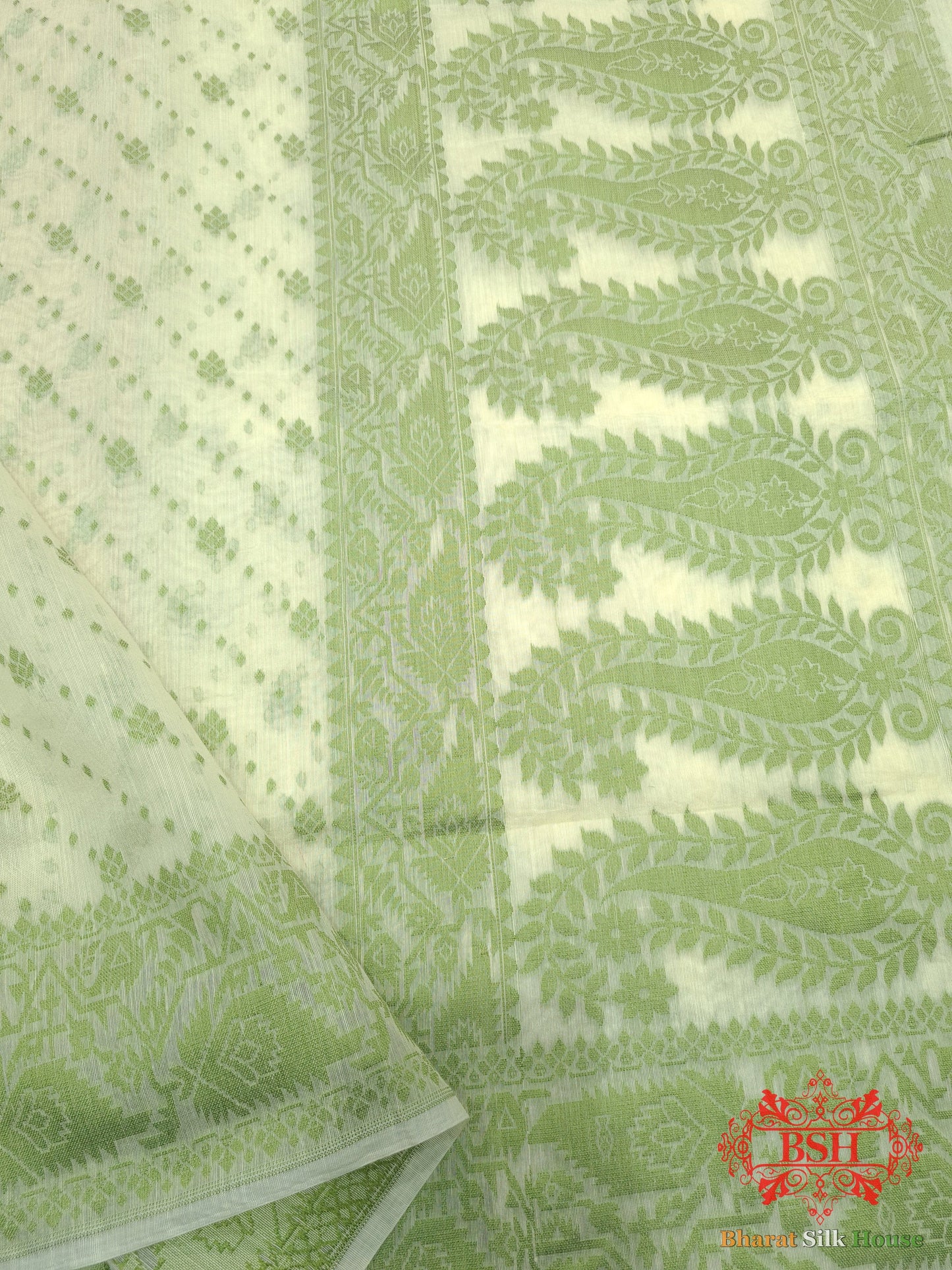 Off White/Mehandi Green Woven Banarasi Cotton Saree - Bharat Silk House