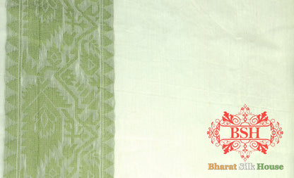 Off White/Mehandi Green Woven Banarasi Cotton Saree - Bharat Silk House