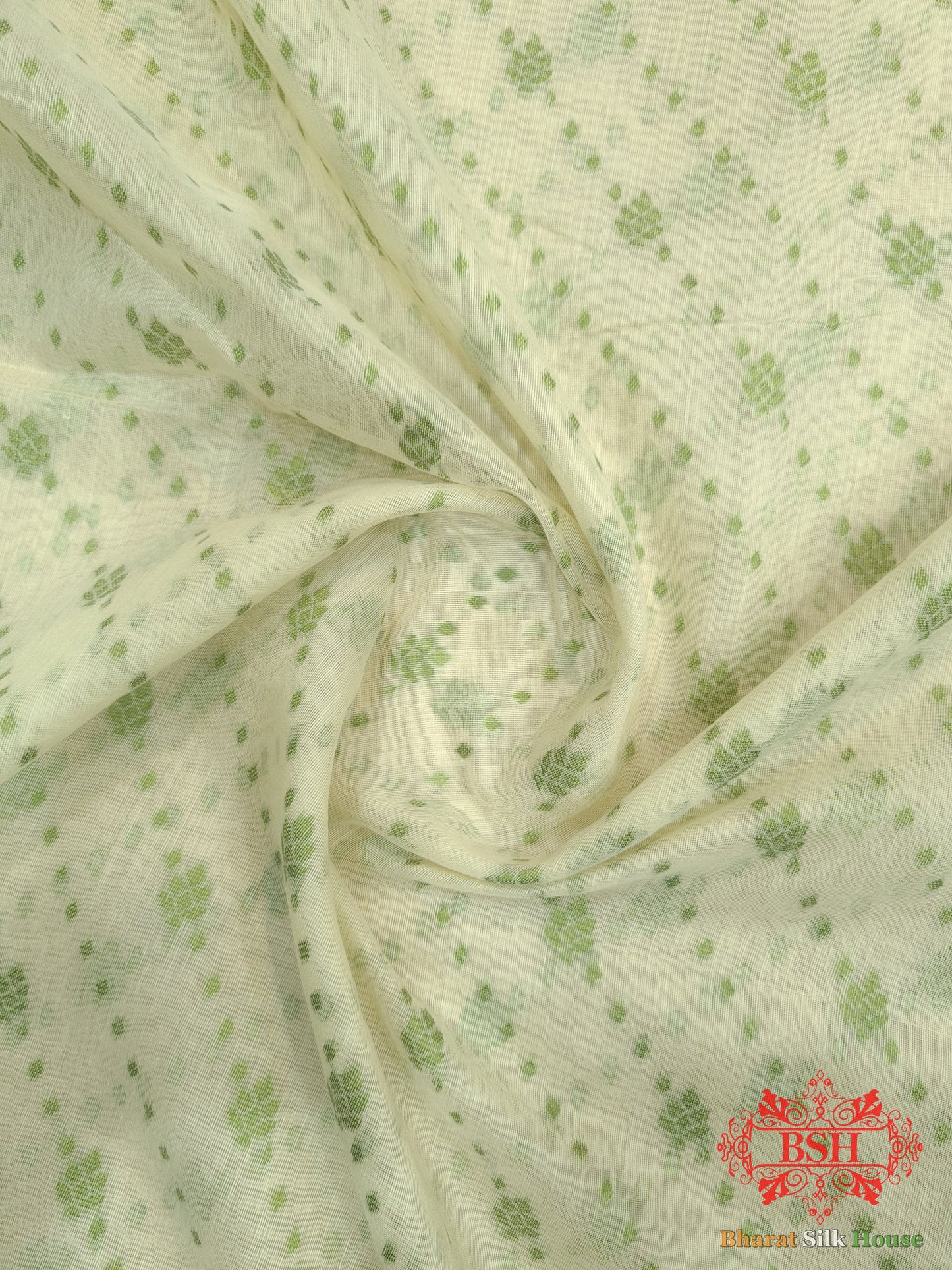 Off White/Mehandi Green Woven Banarasi Cotton Saree - Bharat Silk House