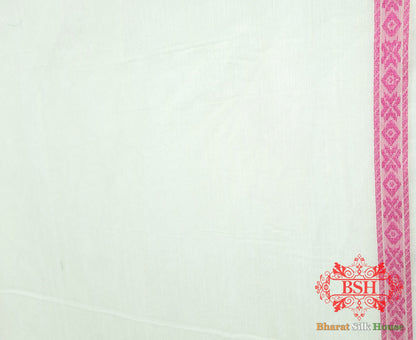 Off White/Pink Woven Banarasi Cotton Saree - Bharat Silk House