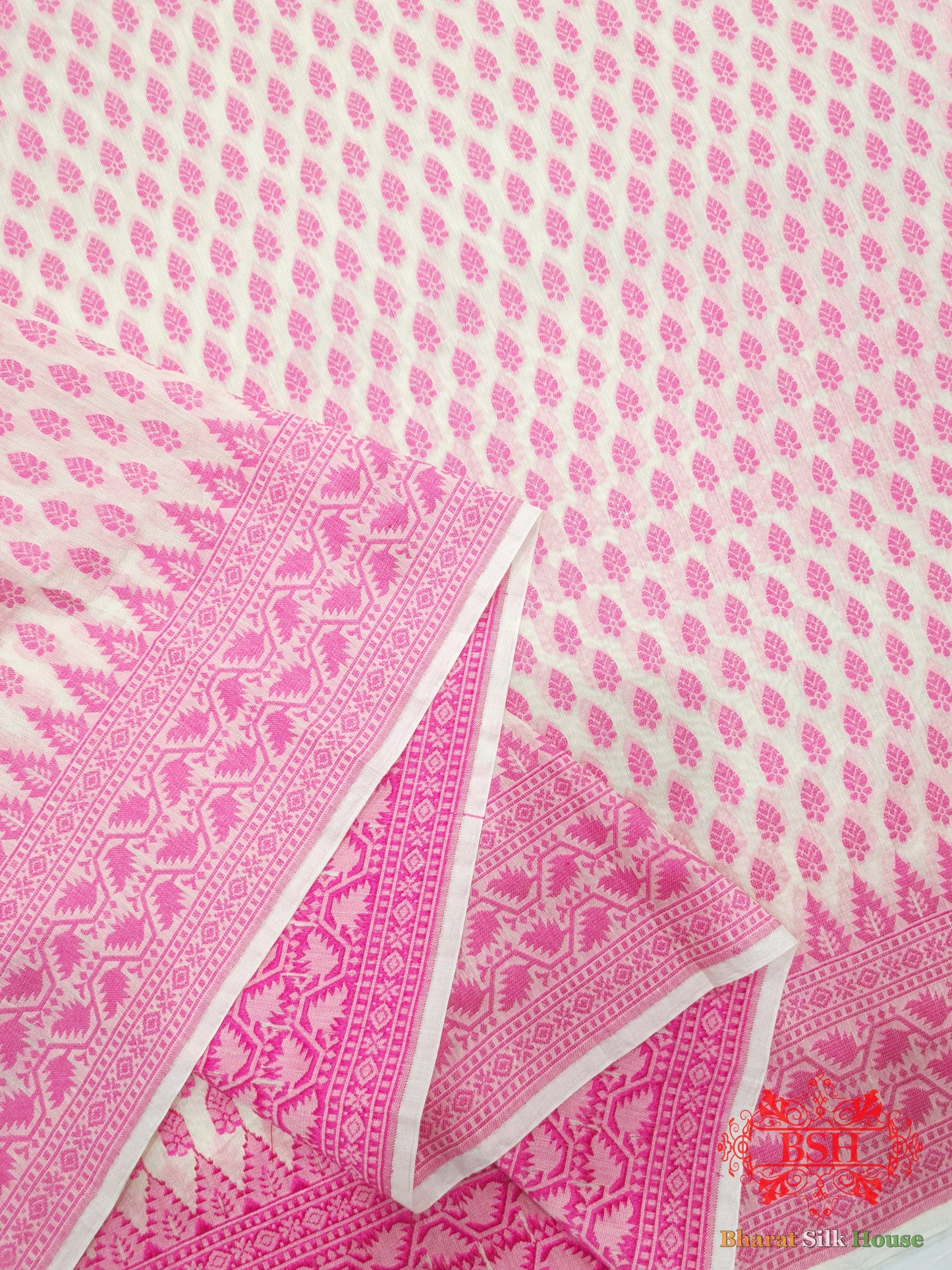 Off White/Pink Woven Banarasi Cotton Saree - Bharat Silk House