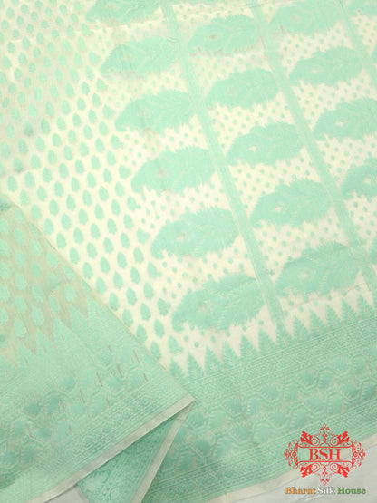 Off White/Rama Green Woven Banarasi Cotton Saree - Bharat Silk House