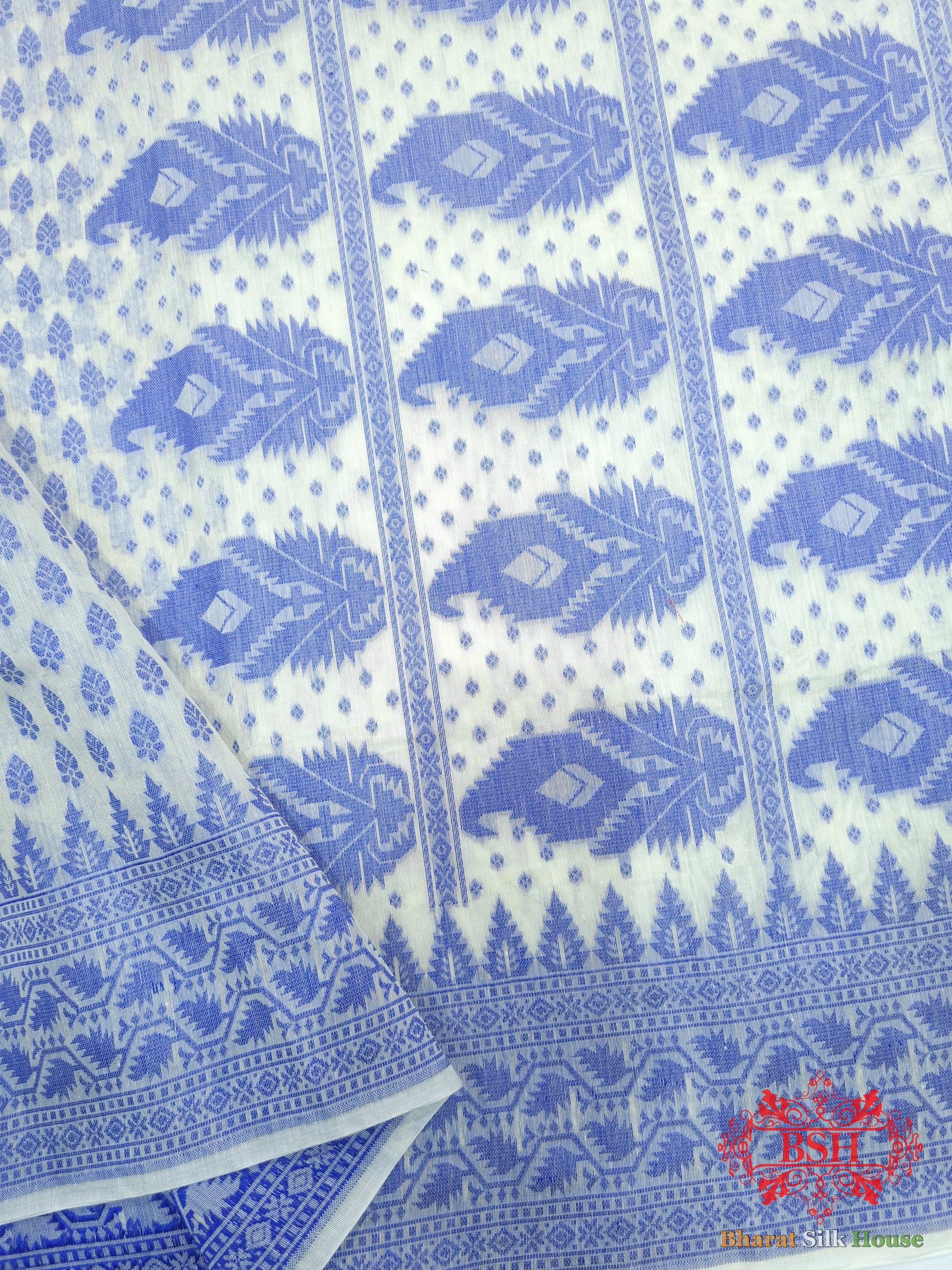 Off White/Royal Blue Woven Banarasi Cotton Saree - Bharat Silk House