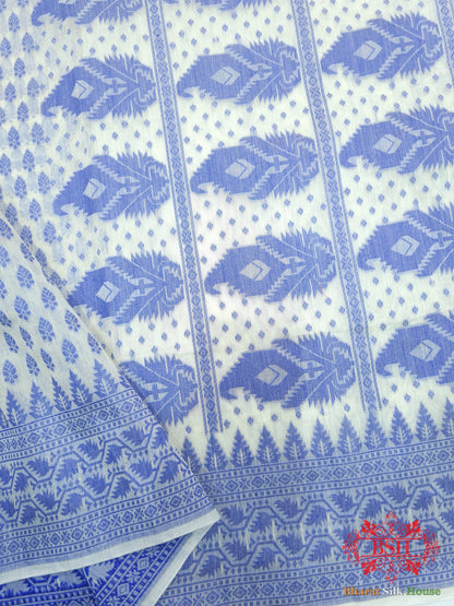 Off White/Royal Blue Woven Banarasi Cotton Saree - Bharat Silk House