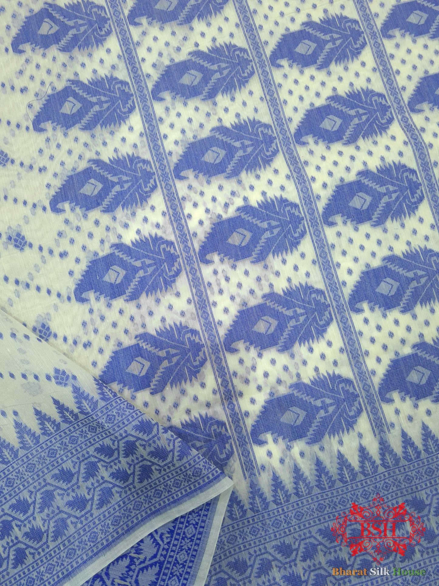 Off White/Royal Blue Woven Banarasi Cotton Saree - Bharat Silk House