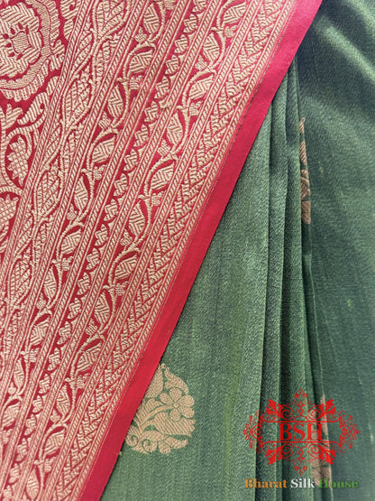 Olive Green Pure Tussar Moonga Silk Handloom Sare With Zari Border - Bharat Silk House