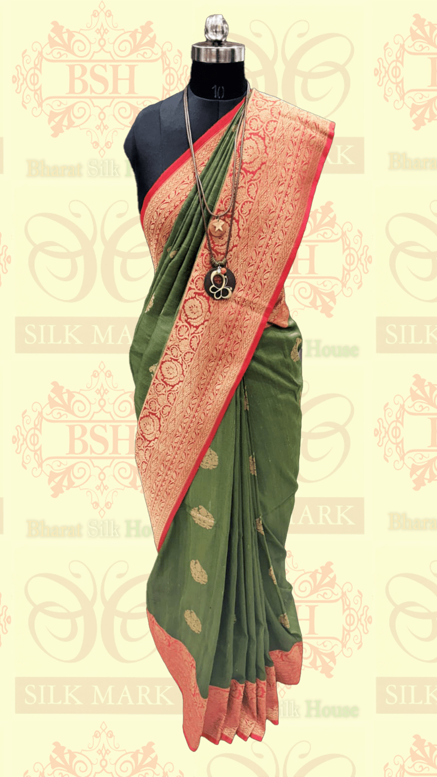 Olive Green Pure Tussar Moonga Silk Handloom Sare With Zari Border - Bharat Silk House