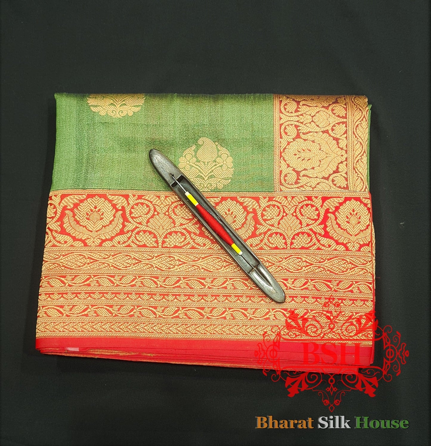 Olive Green Pure Tussar Moonga Silk Handloom Sare With Zari Border - Bharat Silk House