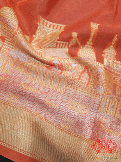 Orange Banarasi Ghats Weaved Silk Saree - Bharat Silk House