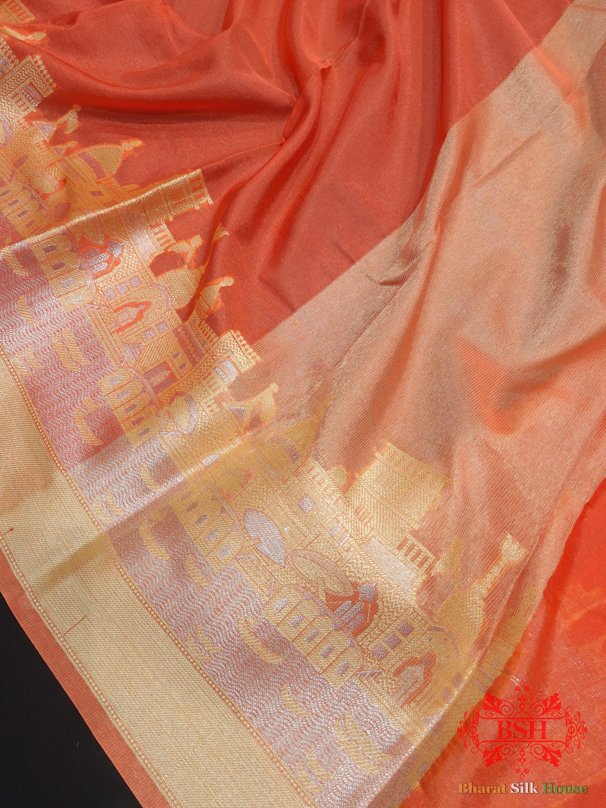 Orange Banarasi Ghats Weaved Silk Saree - Bharat Silk House