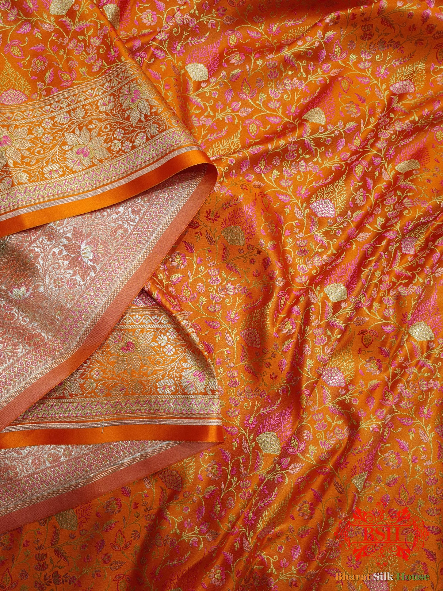 Orange Dohri Resham Zari Booti Tanchoi Silk Saree - Bharat Silk House