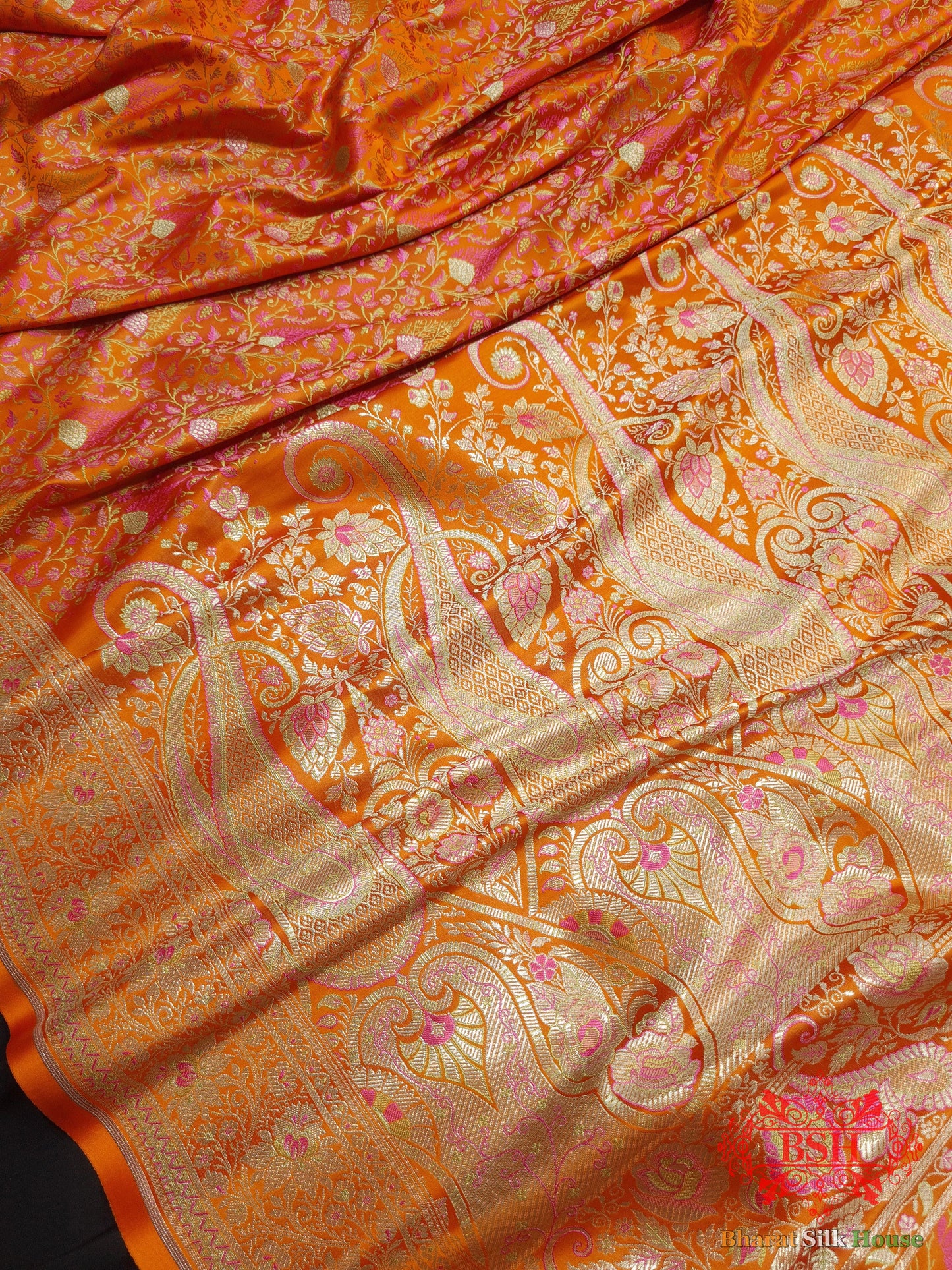 Orange Dohri Resham Zari Booti Tanchoi Silk Saree - Bharat Silk House