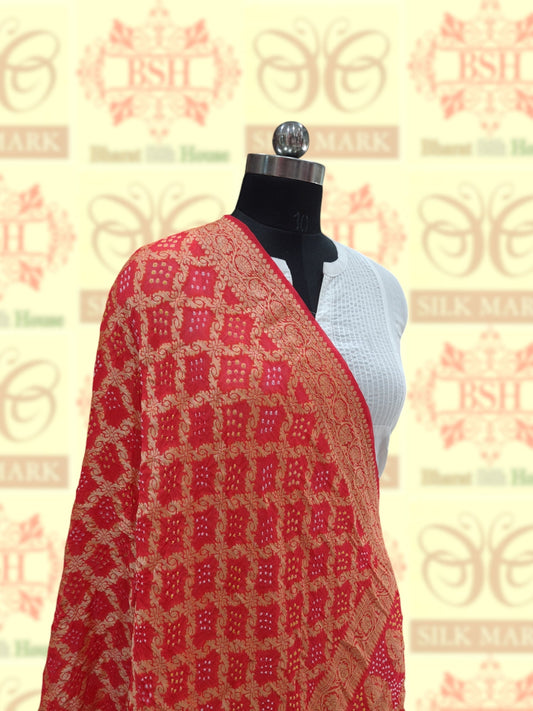 Orange Georgette Banarasi Handloom Bandhani Dupatta - Bharat Silk House