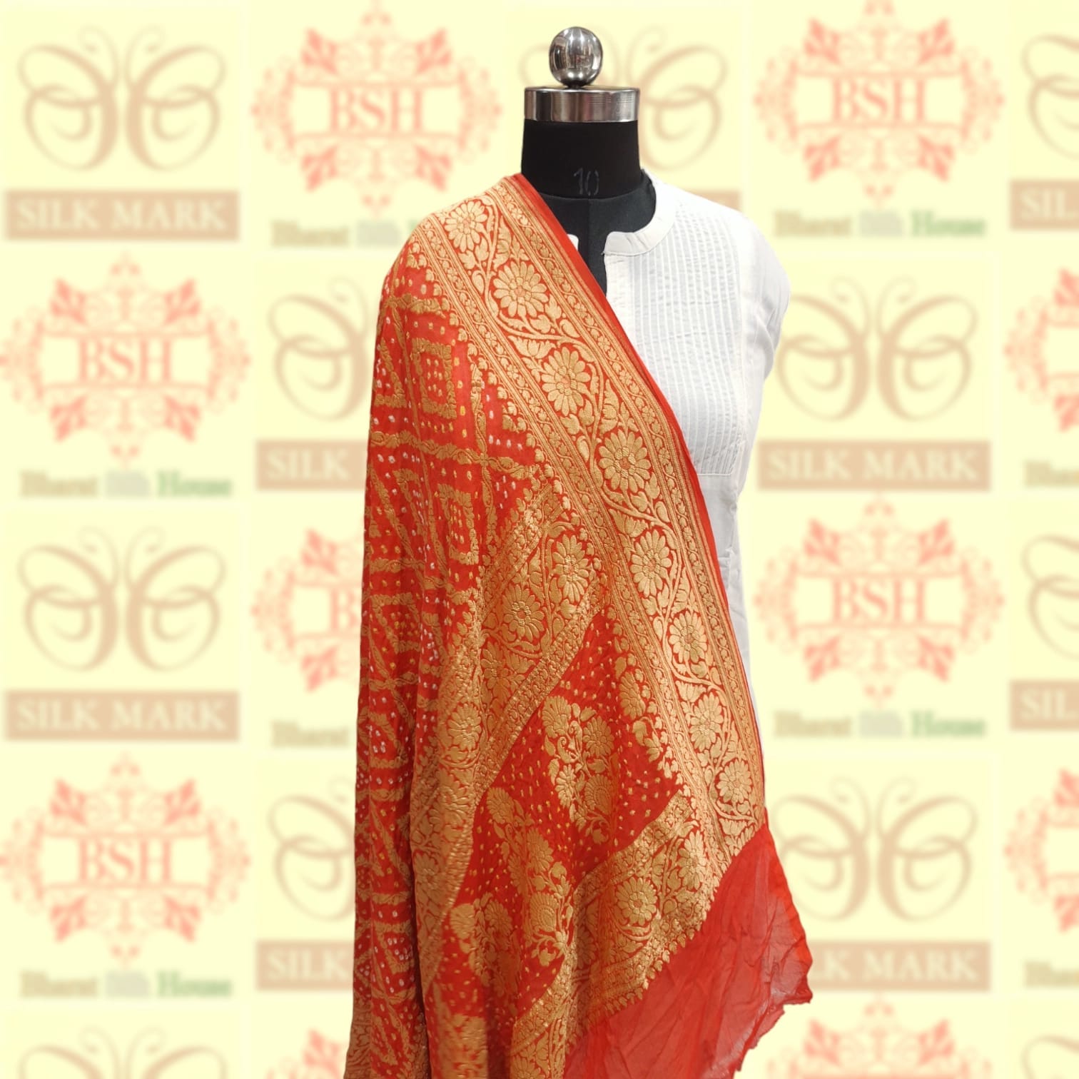 Orange Georgette Banarasi Handloom Bandhani Dupatta - Bharat Silk House