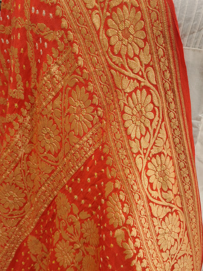 Orange Georgette Banarasi Handloom Bandhani Dupatta - Bharat Silk House