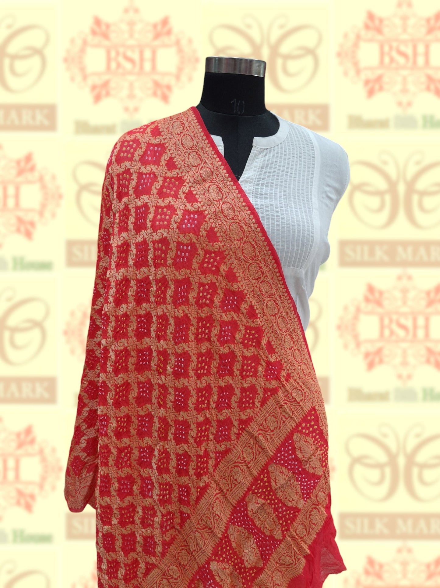 Orange Georgette Banarasi Handloom Bandhani Dupatta - Bharat Silk House