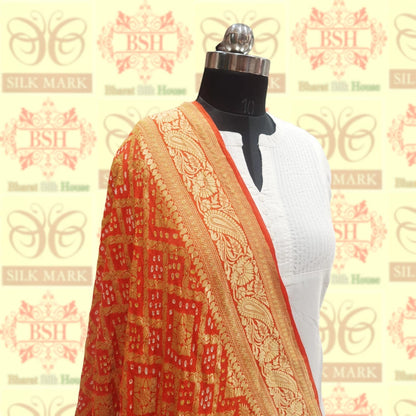 Orange Pure Georgette Banarasi Handloom Bandhani Dupatta - Bharat Silk House