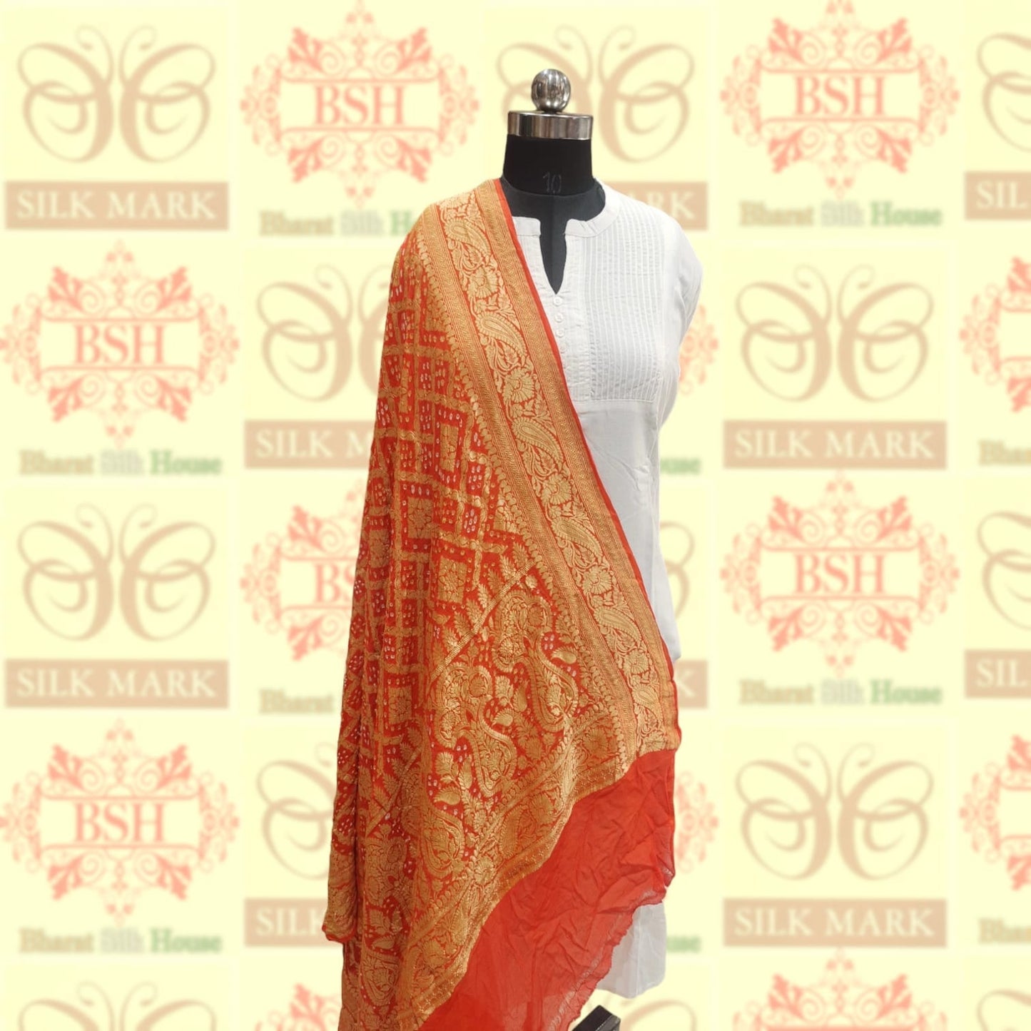 Orange Pure Georgette Banarasi Handloom Bandhani Dupatta - Bharat Silk House