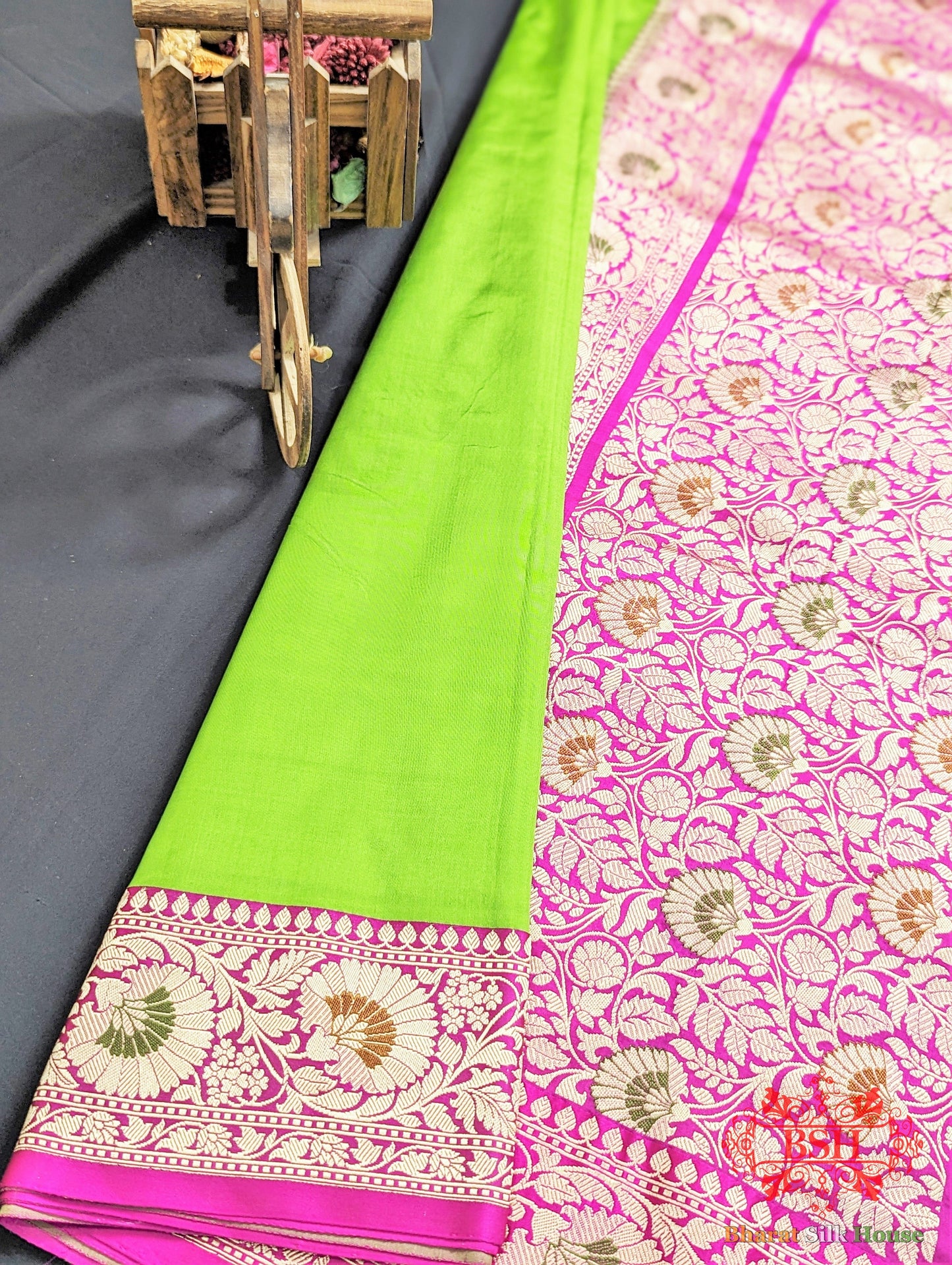 Parrot Green Pure Katan Silk Banarasi Saree - Bharat Silk House