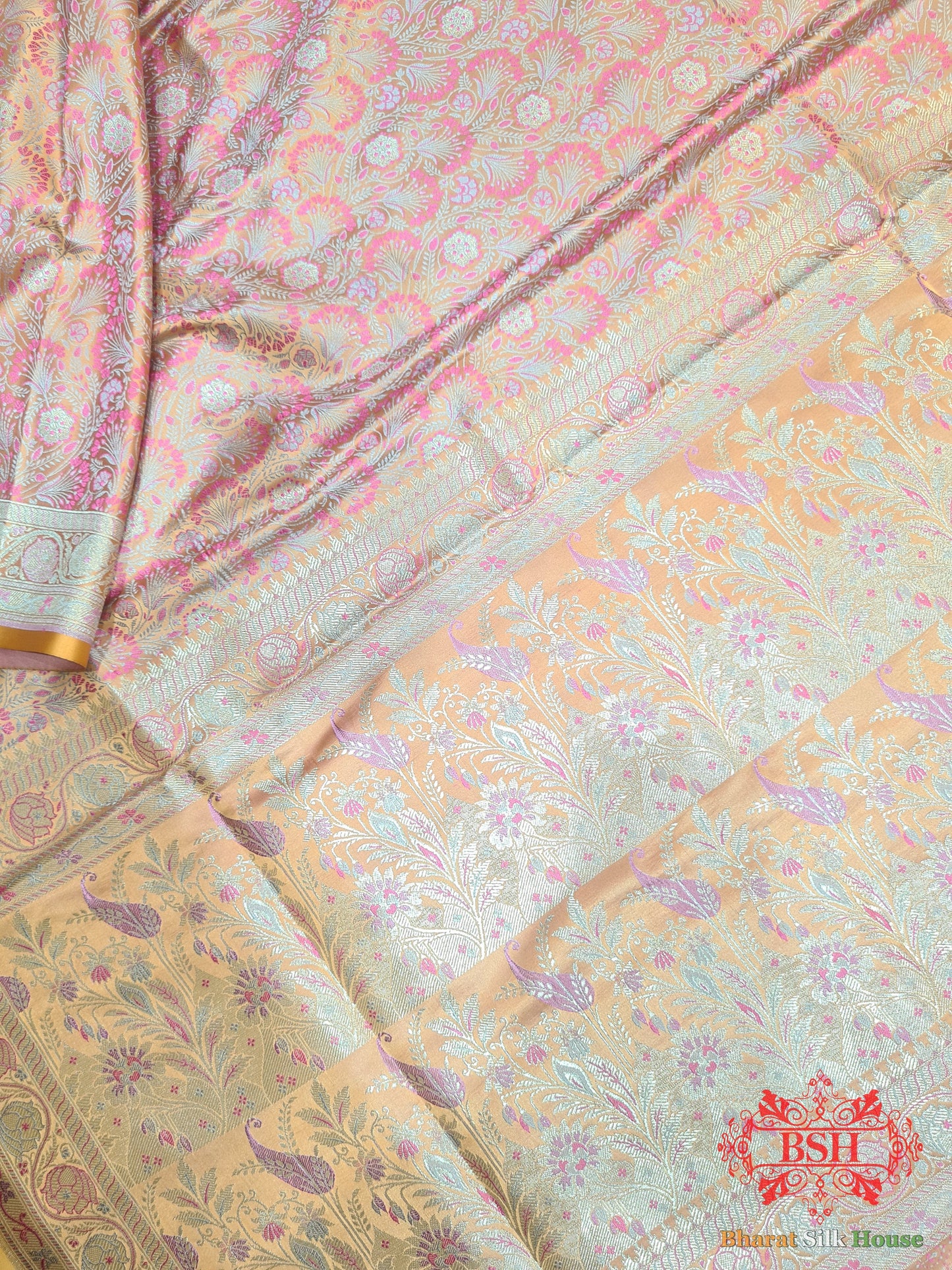 Pastel Orange Dohri Resham Zari Booti Tanchoi Silk Saree - Bharat Silk House