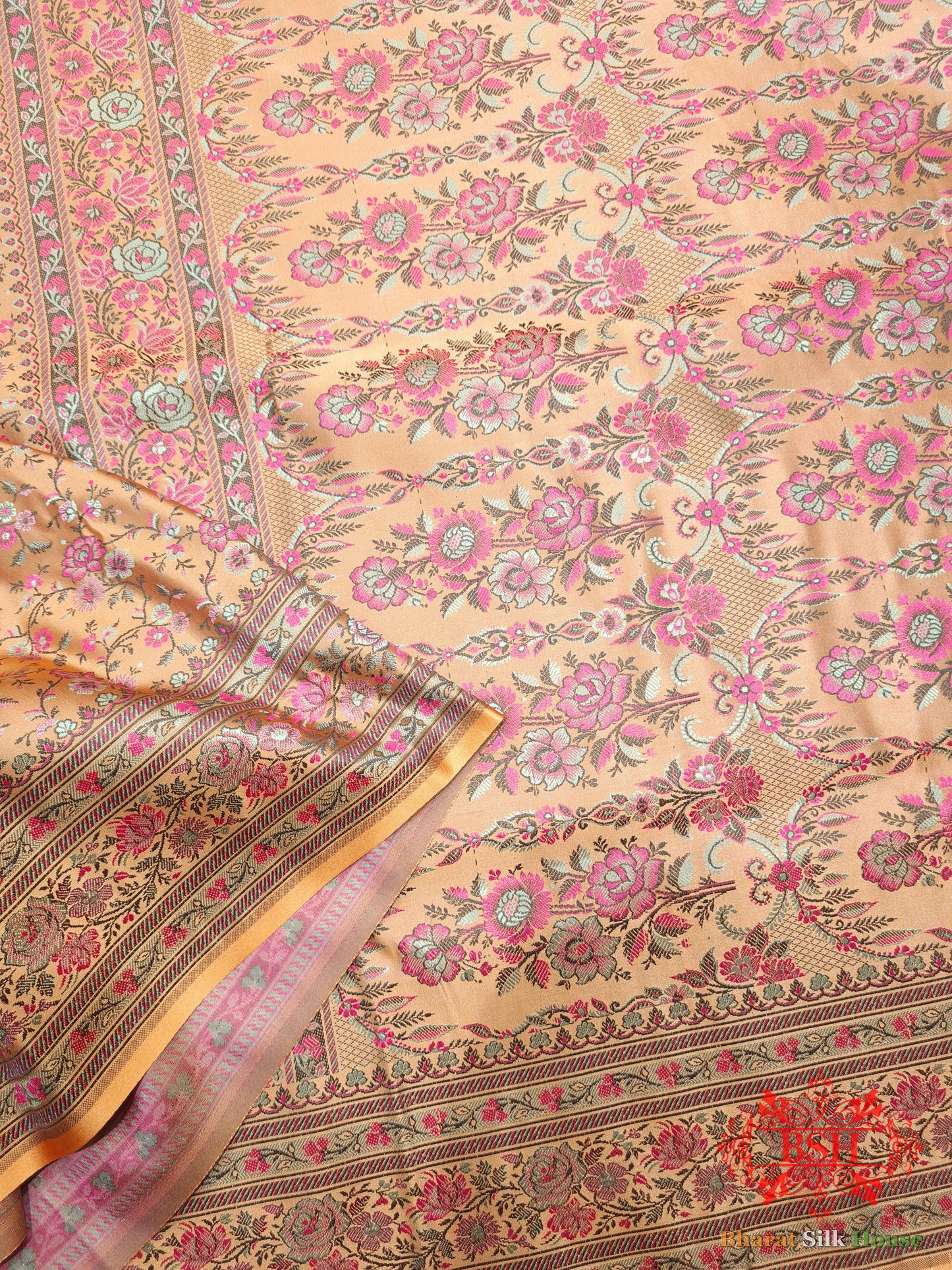 Peach Chauthera (Four Color) Resham Zari Tanchoi Katan Silk Saree - Bharat Silk House