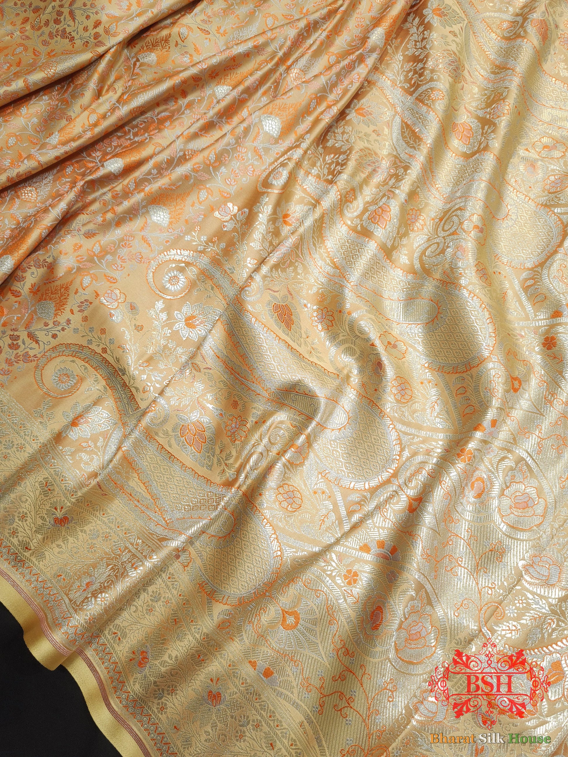 Peach Dohri Resham Zari Booti Tanchoi Silk Saree - Bharat Silk House