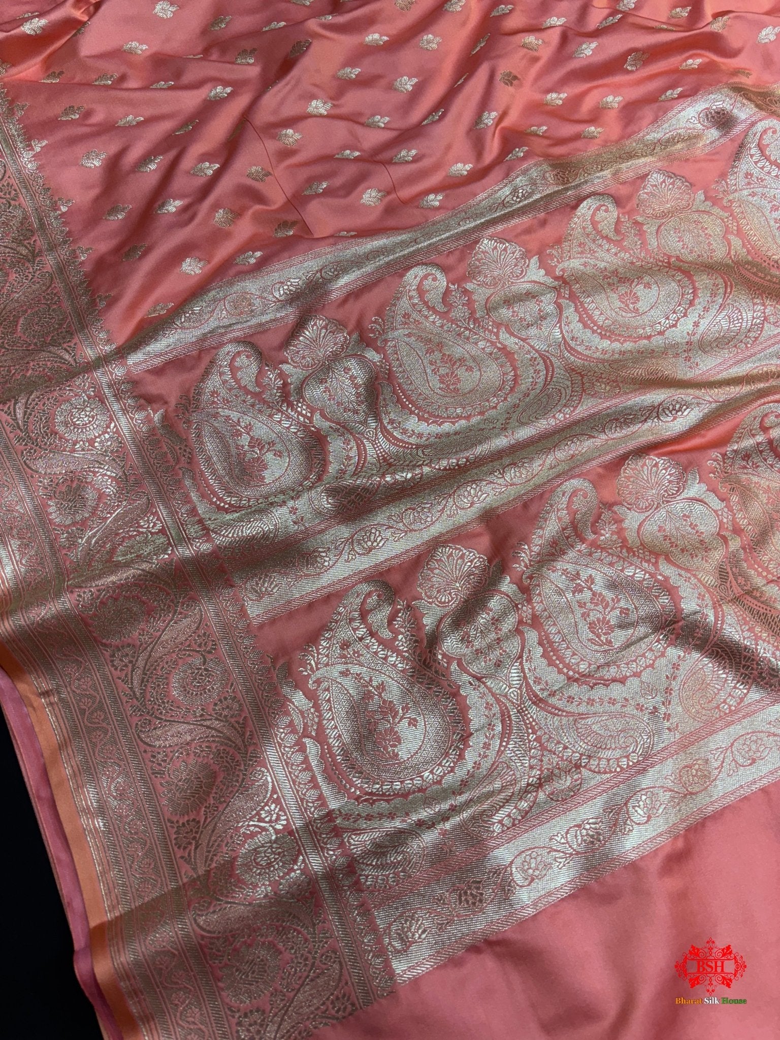 Peach Mashru Silk All Over Booti With Jaal Blouse Design Saree - Bharat Silk House Mashroo Silk