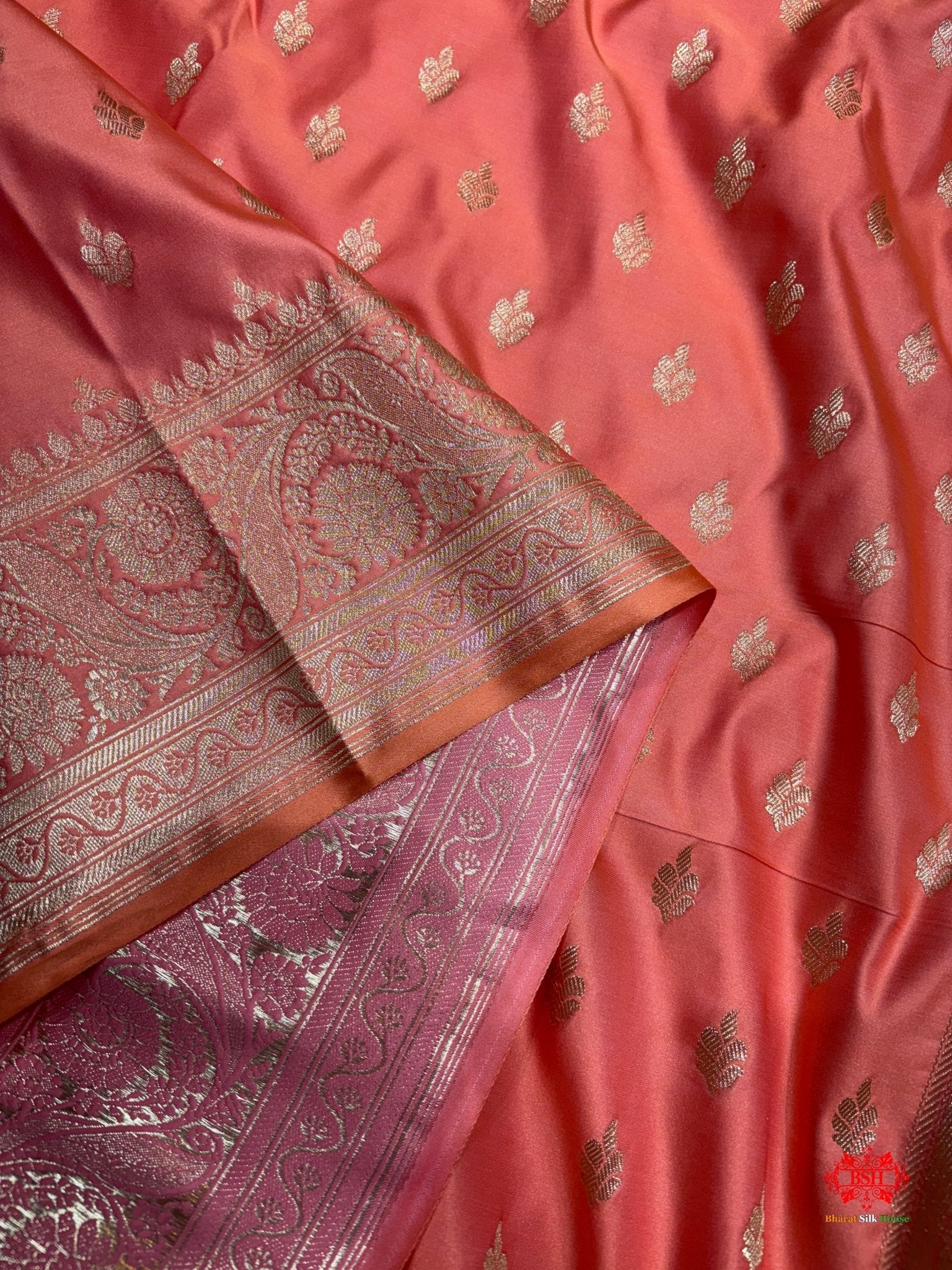 Peach Mashru Silk All Over Booti With Jaal Blouse Design Saree - Bharat Silk House Mashroo Silk