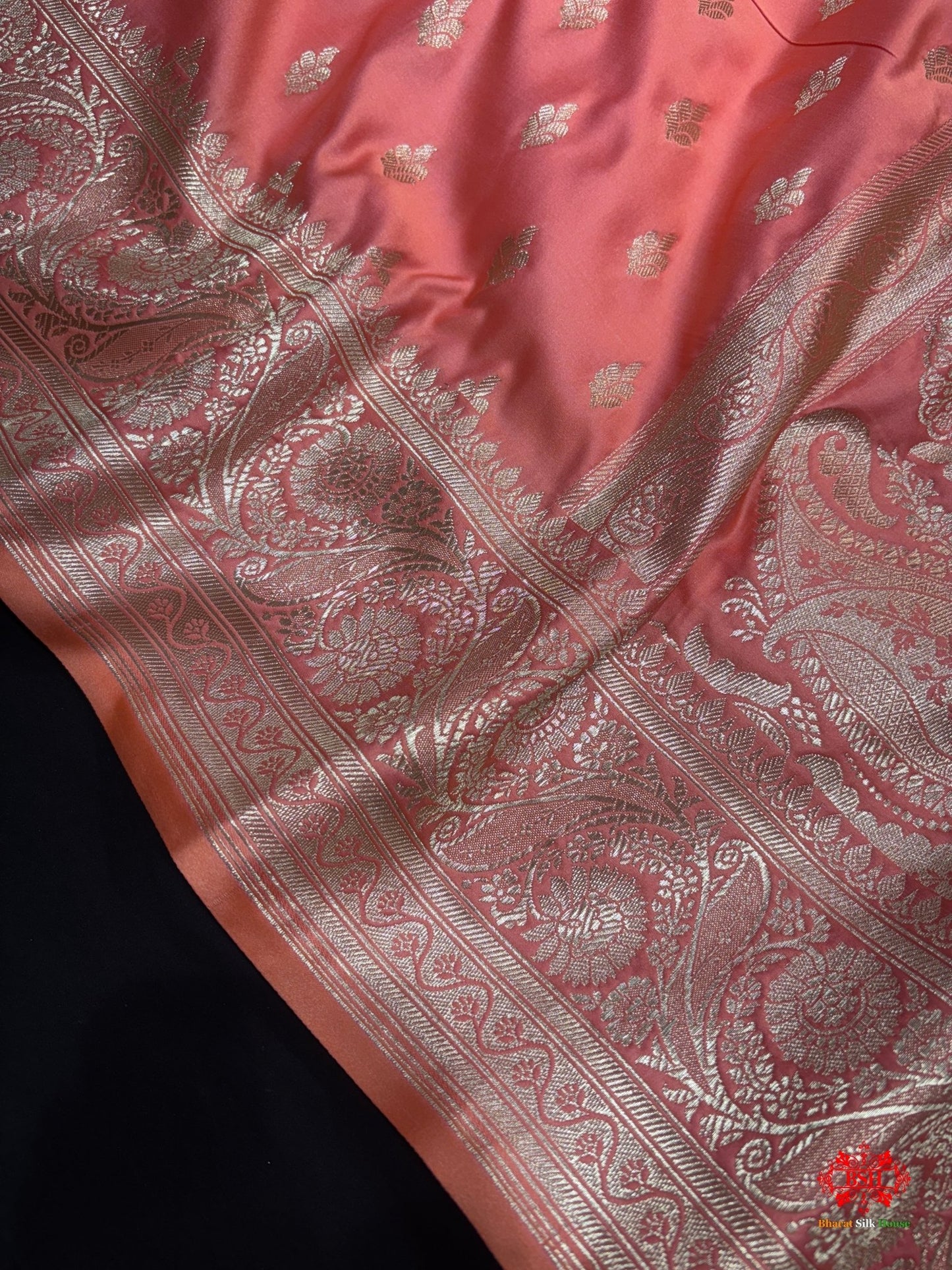 Peach Mashru Silk All Over Booti With Jaal Blouse Design Saree - Bharat Silk House Mashroo Silk