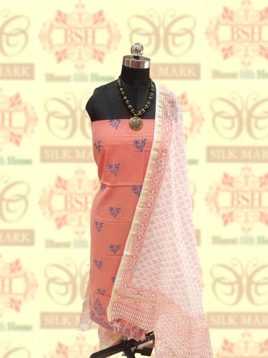 Peach Pink Cotton Block Print Top Dupatta Set - Bharat Silk House