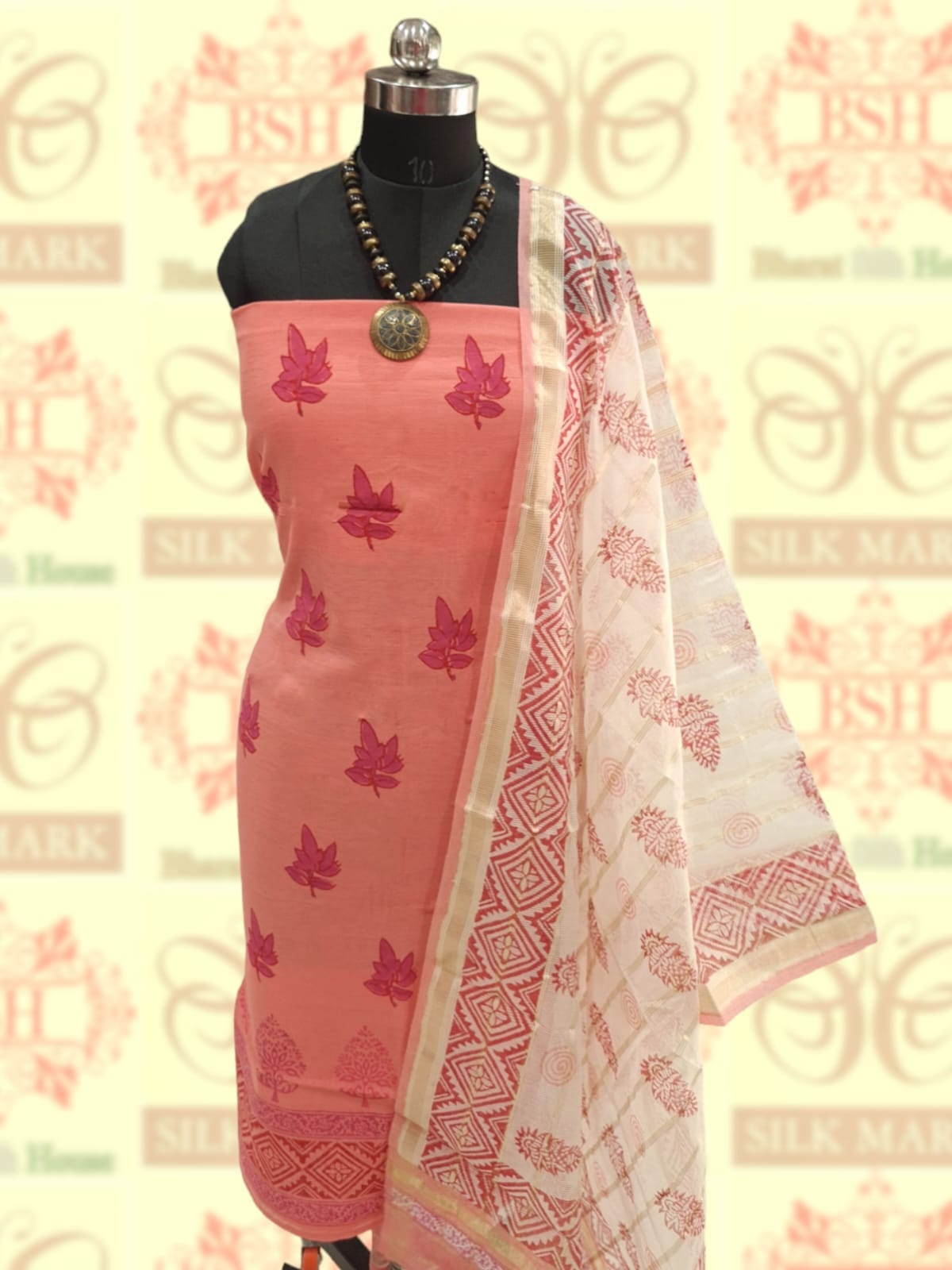 Peach Pure Cotton Block Print Unstitched Suitset - Bharat Silk House