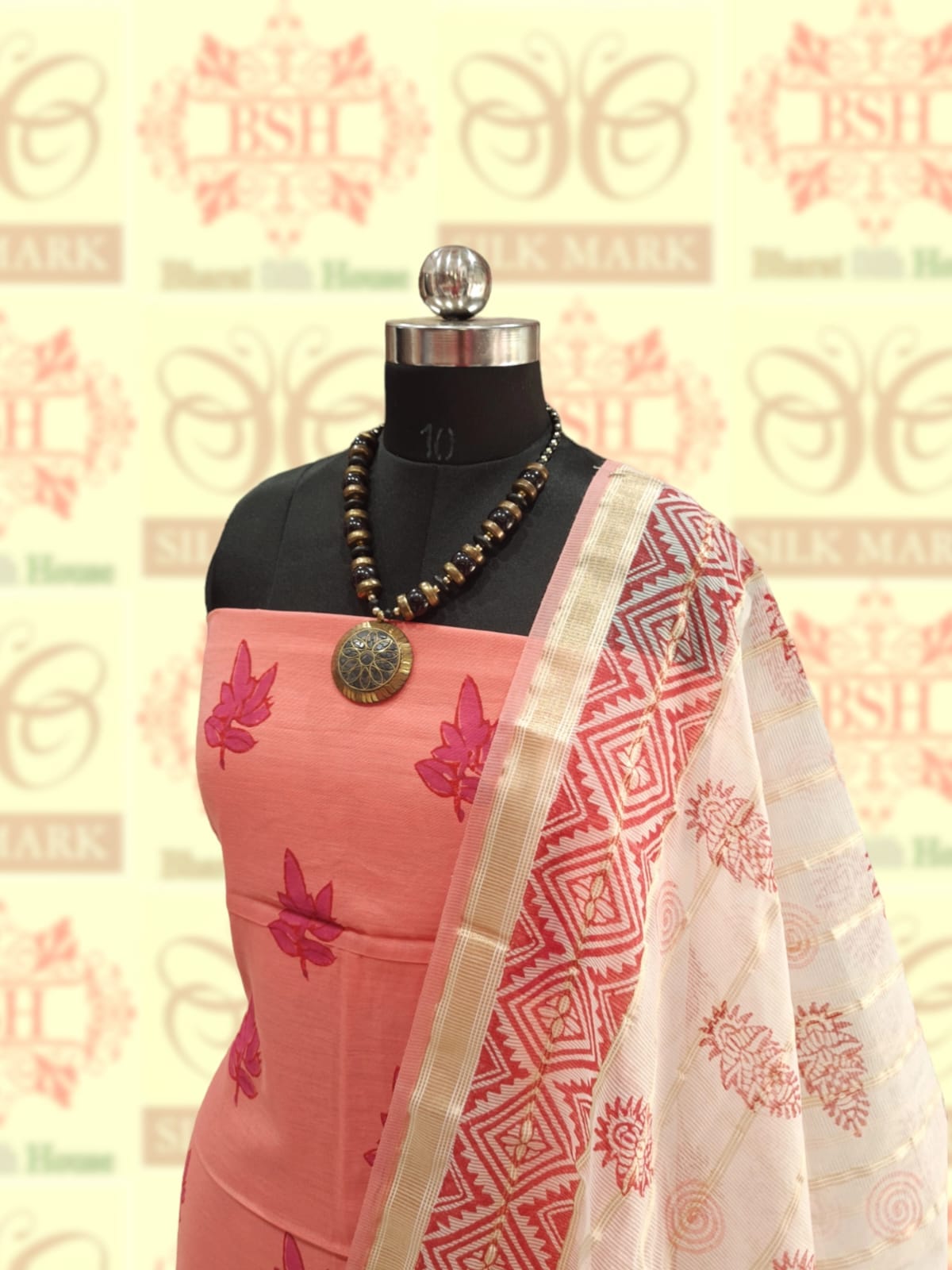 Peach Pure Cotton Block Print Unstitched Suitset - Bharat Silk House