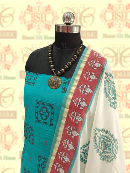 Pine Green Pure Cotton Block Print Unstitched Suitset - Bharat Silk House