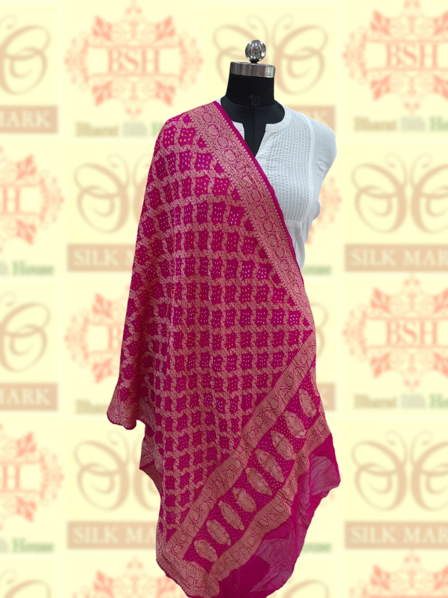 Pink Georgette Banarasi Handloom Bandhani Dupatta - Bharat Silk House