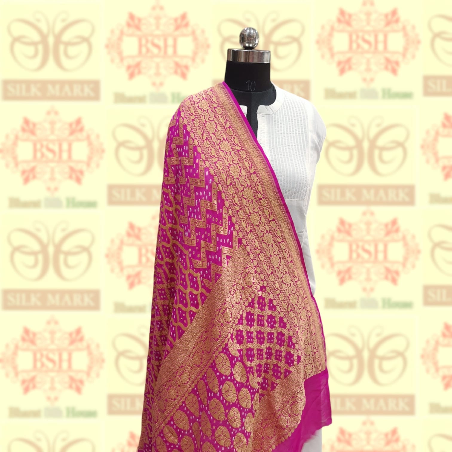 Pink Georgette Banarasi Handloom Bandhani Dupatta - Bharat Silk House