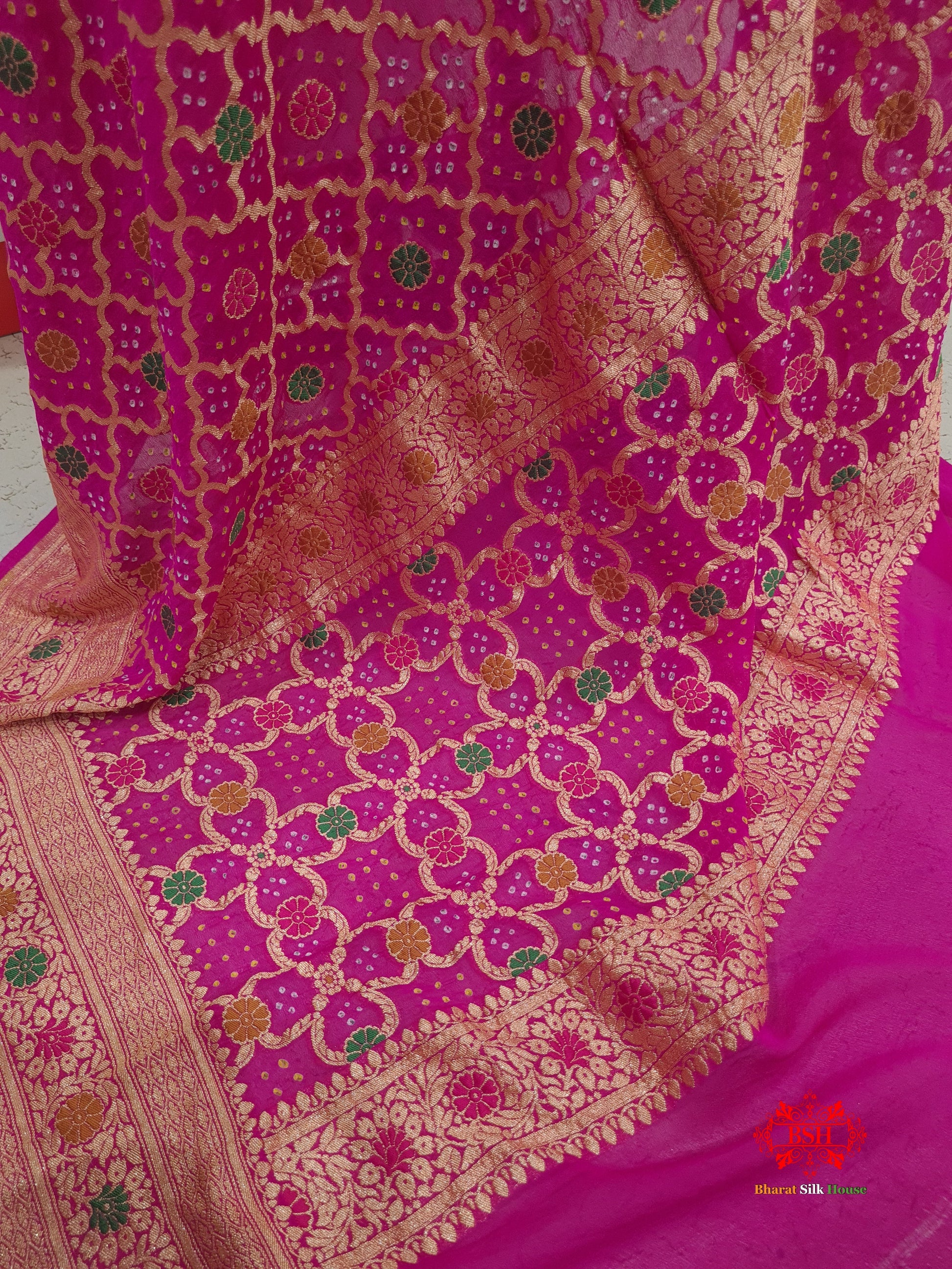 Pink Georgette Banarasi Handloom Meenakari Bandhani Dupatta - Bharat Silk House Bandhej